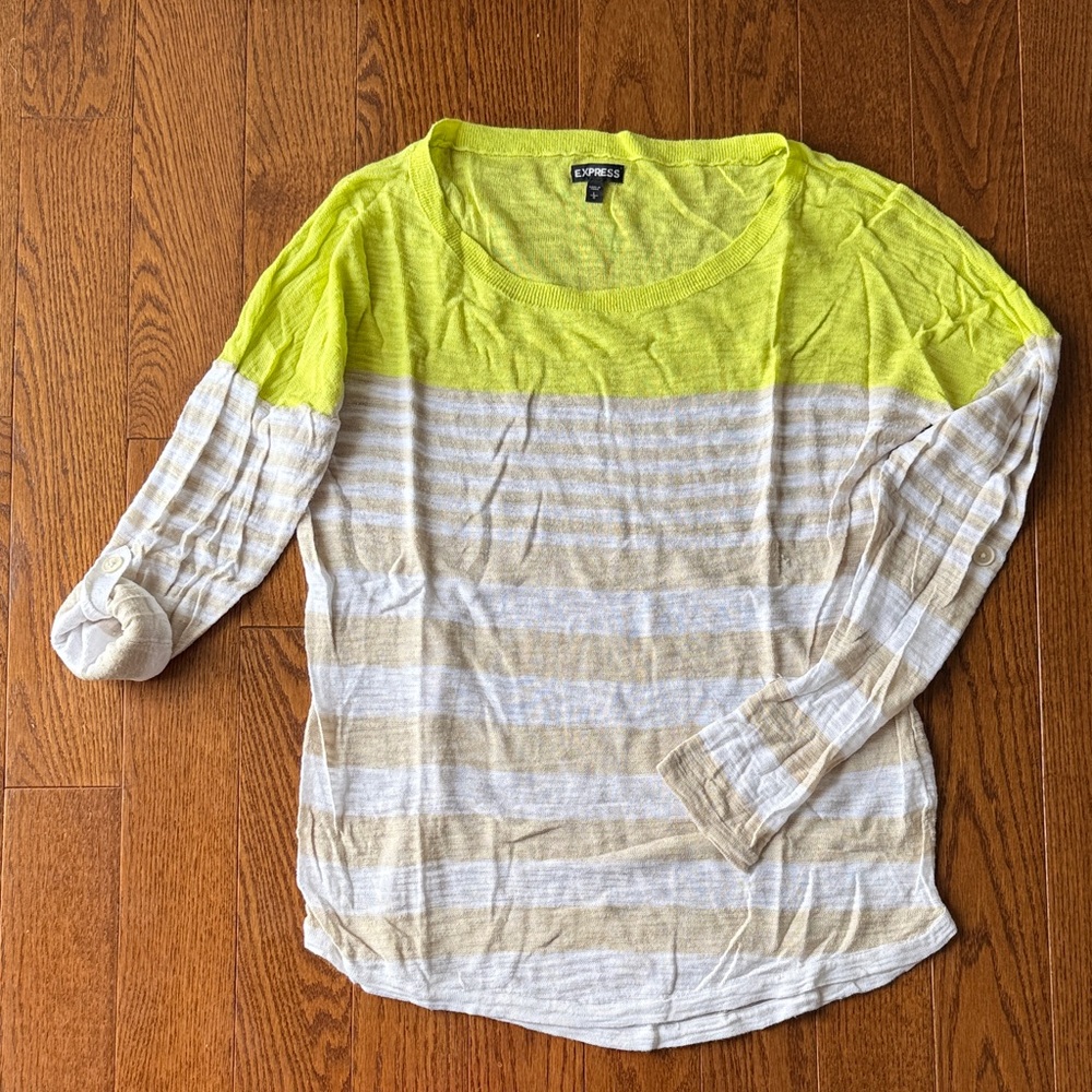 Express Neon Yellow and Beige Striped Lightweight Pullover